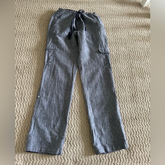 DKNY navy linen blend drawstring adjustable length pants - Picture 1 of 6